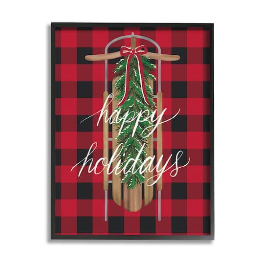 Stupell Industries Happy Holidays Tartan Sled Framed Giclee Art